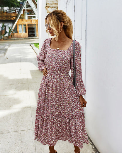 flowersverse Retro Ladies Square Collar Floral Long Dress Autumn Winter Women High Waist Full Sleeve Elegant Chic Dress