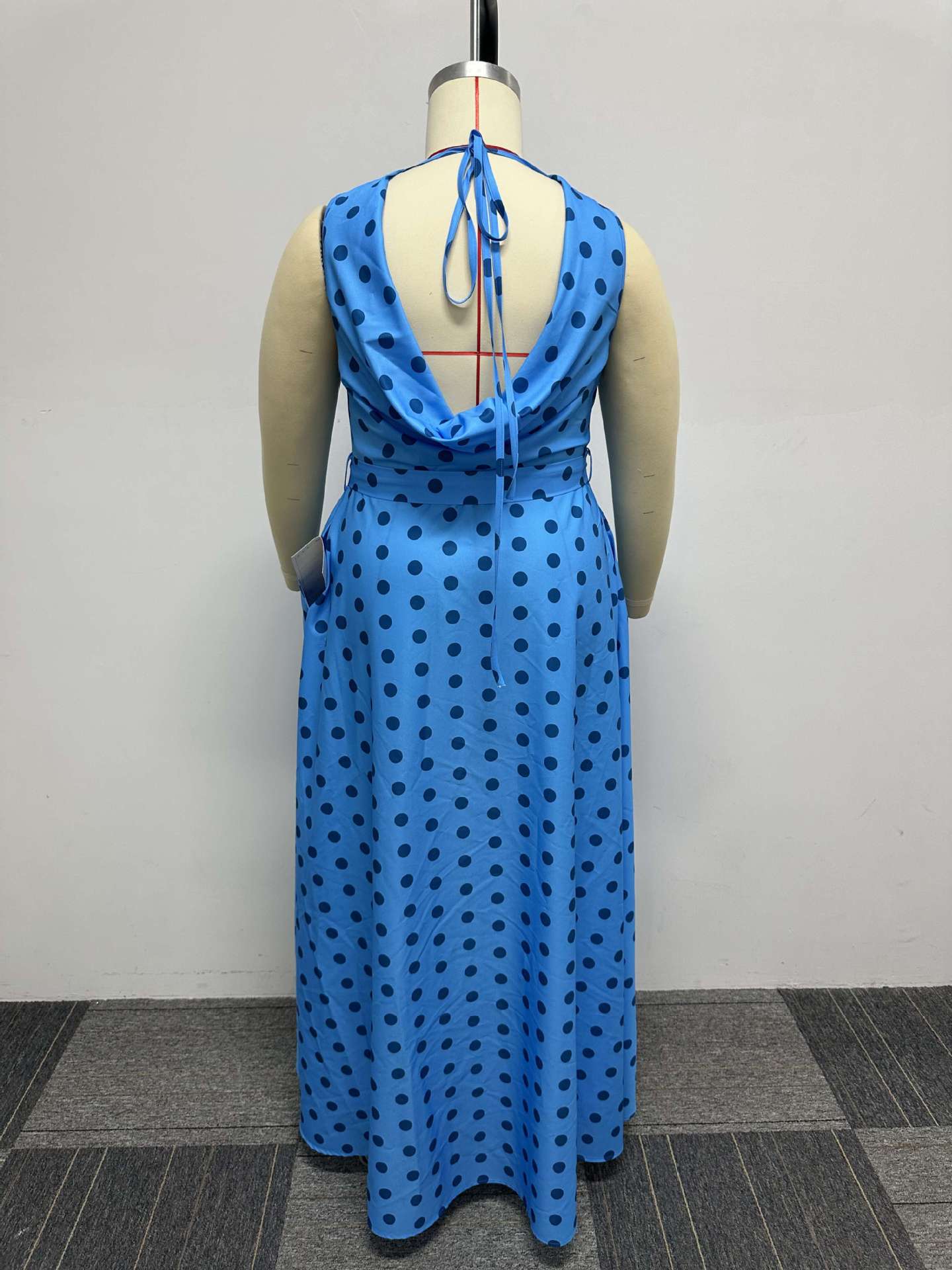 flowersverse Sexy Fit Polka Dot Print Plus Size Belted Sleeveless Maxi Dress