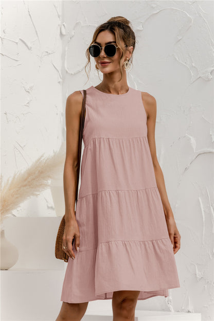 flowersverse Pink A-Line Cotton-Blend Sleeveless Weaving Dress