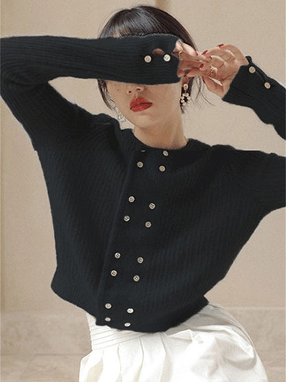 flowersverse Urban Long Sleeves Buttoned Solid Color Round-Neck Cardigan Tops