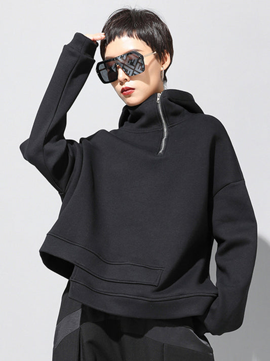 flowersverse Stylish Black Asymmetric Zipper Hoodies