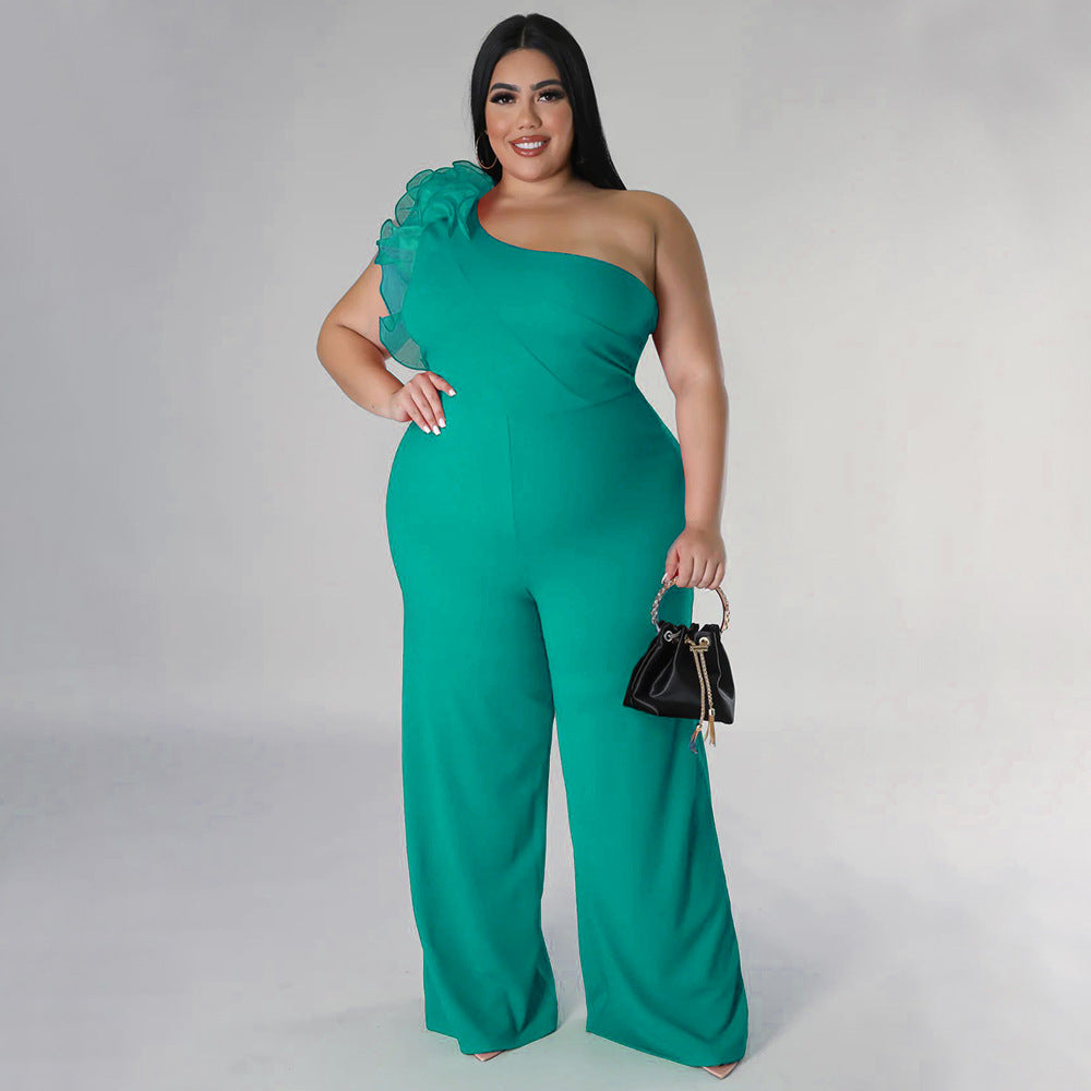 flowersverse Plus Size Ladies One Shoulder Mesh Wide Leg Pants