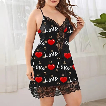 flowersverse Women's Plus Size Curve Black Dress Heart V Neck Lace Sleeveless Spring Summer Casual Sexy Short Mini Dress Causal Daily Dress / Print