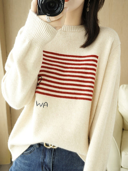 flowersverse Casual Loose Long Sleeves Striped Round-Neck Sweater Tops