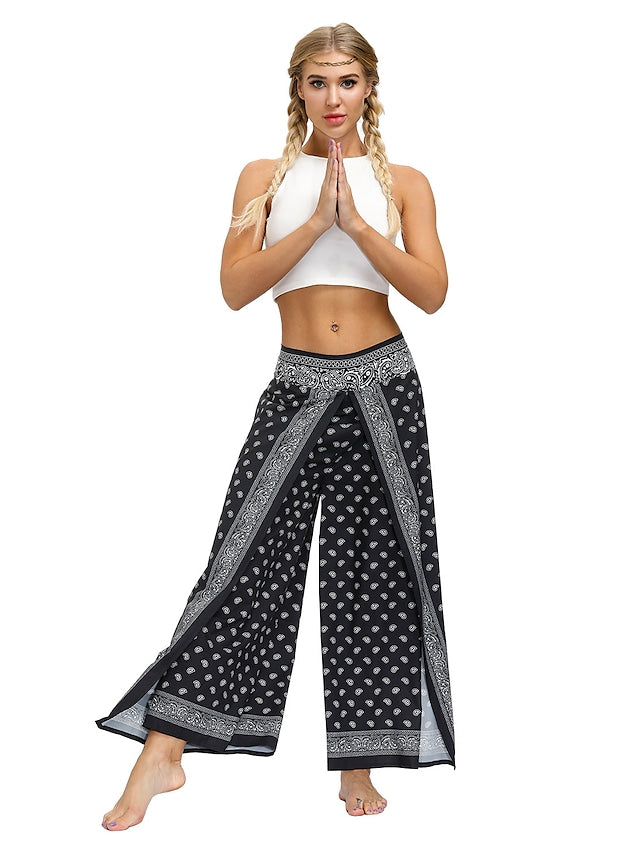 flowersverse Women's Harem Wide Leg Pants Trousers Light gray Gray Black High Waist Basic Boho Gym Yoga Layered High Cut Micro-elastic Full Length Comfort Pattern S L / Drop Crotch / Plus Size / Loose Fit / Print