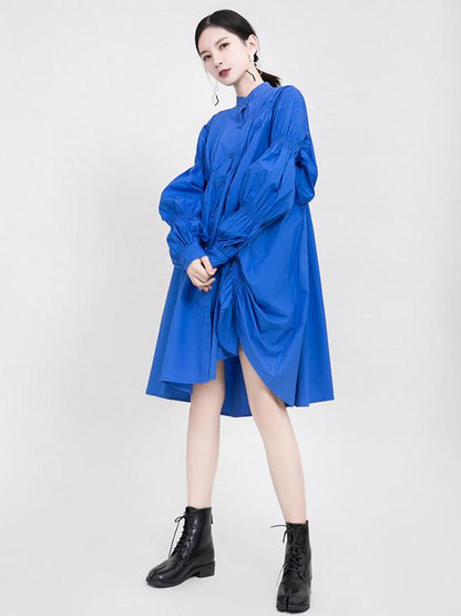 flowersverse Blue Loose Pleated Cropped Blouse Dress