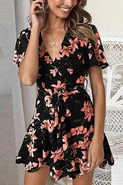 flowersverse Floral Print Ruffles Mini Wrap Dress