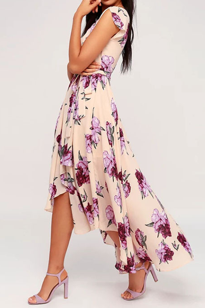 flowersverse Elegant Floral Frenulum With Belt Irregular Dress Dresses