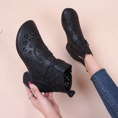 flowersverse Hollow Out Boots Women Retro Style Side Zip Mid Heels Shoes