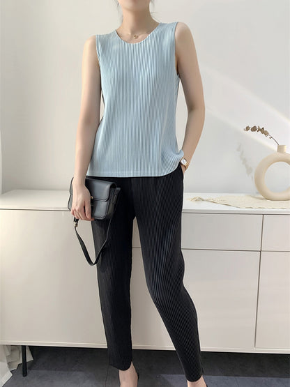 flowersverse Casual Sleeveless Pleated Solid Color Round-Neck Vest Top