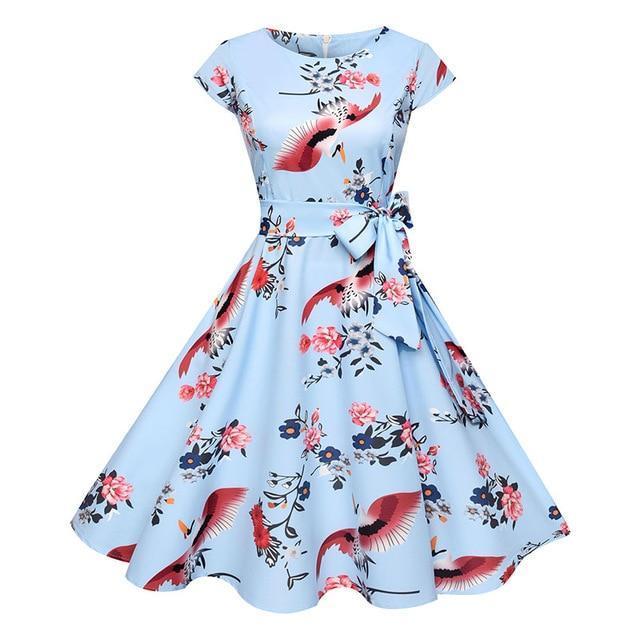 flowersverse Women Summer Floral Dress Vintage Casual Elegant Print O Neck Party Dresses