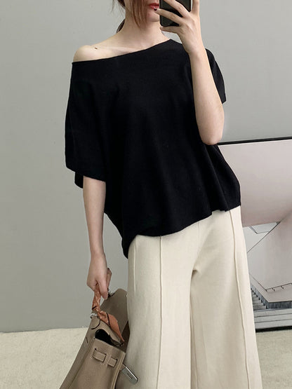 flowersverse Solid Color Half Sleeves Loose Off-The-Shoulder Sweater Tops Pullovers Knitwear