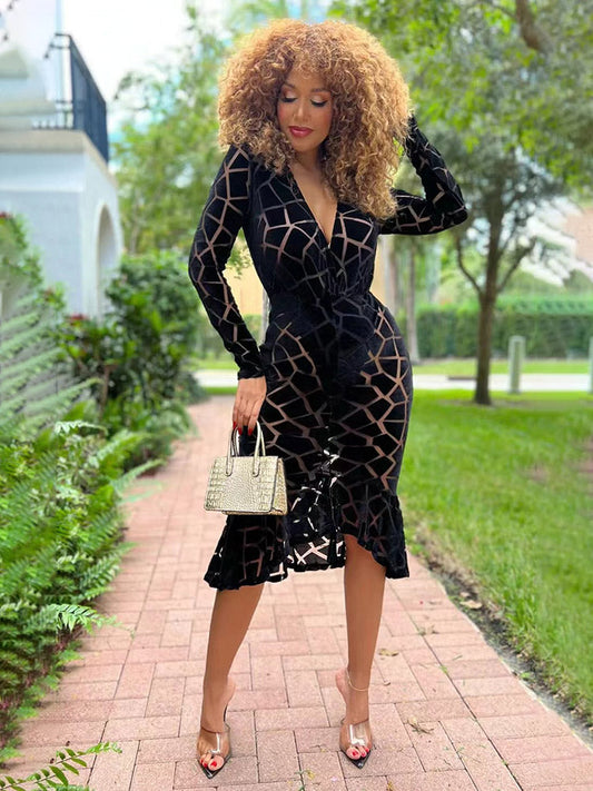 flowersverse V Neck Velvet Bodycon Midi Dresses