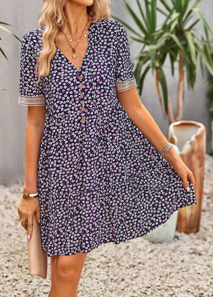 flowersverse Floral Buttoned Puff Sleeve Dress