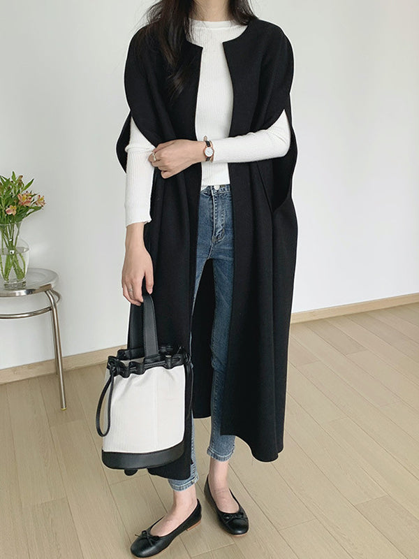 flowersverse Solid Color Loose Sleeveless Round-Neck Outerwear Cape