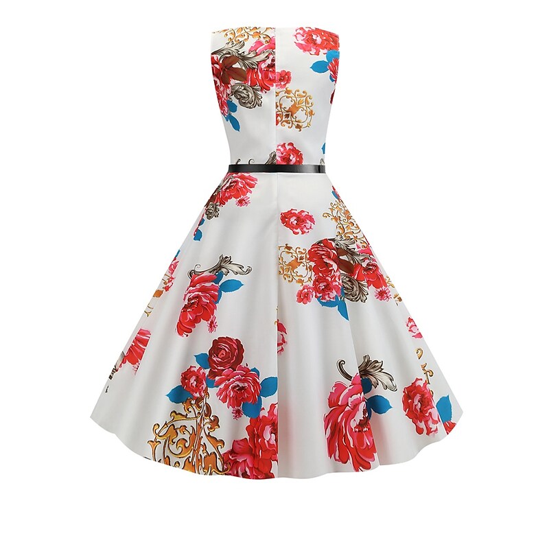 flowersverse Women's Elegant Retro Swing Dress Midi Dress Party Daily With Belt Print Floral Crew Neck Sleeveless Regular Fit Spring Summer  White Red S M L XL