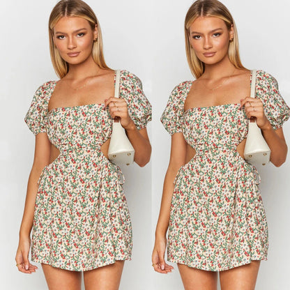 flowersverse Regular Sleeve Small Floral Print Backless Sexy Short Dress