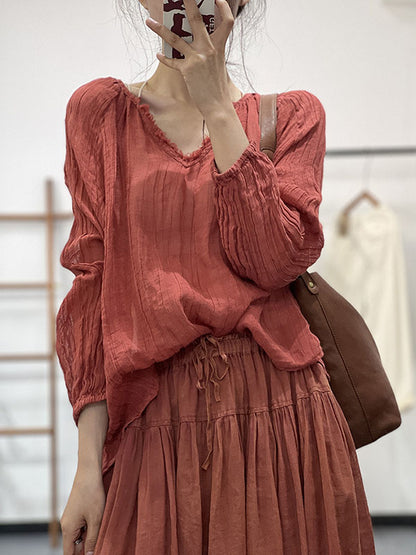 flowersverse Pleated Solid Color Long Sleeves Loose V-neck Blouses&shirts Tops