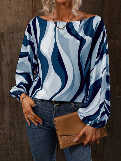 flowersverse Asymmetric Printed Long Sleeves Loose One-Shoulder Blouses&Shirts Tops