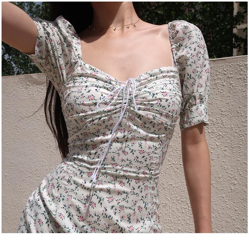 flowersverse Summer Dress Retro Boho Women Tie Neck Floral Print Floral Mini Sexy White Dress Elegant Puff Sleeve Dresses Korean Vestidos