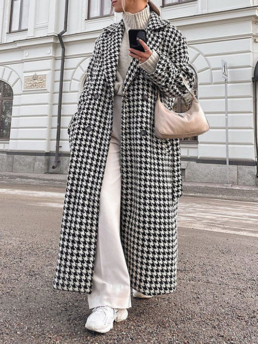 flowersverse Houndstooth Split-back Split-Joint Tied Waist Long Sleeves Loose Lapel Trench Coats