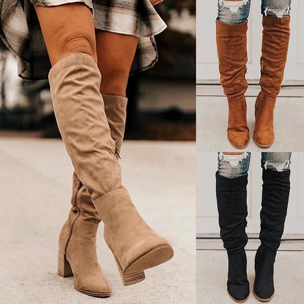 flowersverse Winter Women Boots Solid Square Knee-High With Heels Ladies Boots