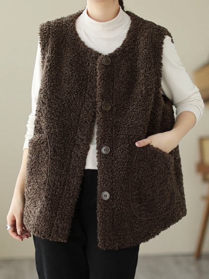 flowersverse Buttoned Pockets Loose Sleeveless Round-Neck Vest Outerwear