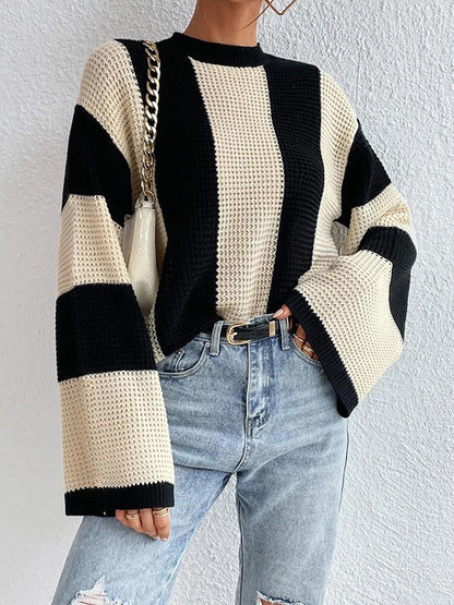 flowersverse Contrast Color Striped Flared Sleeves Round-Neck Sweater Tops Pullovers