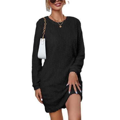 flowersverse Women's Regular Sleeve Casual Loose Pullover Plush Dress