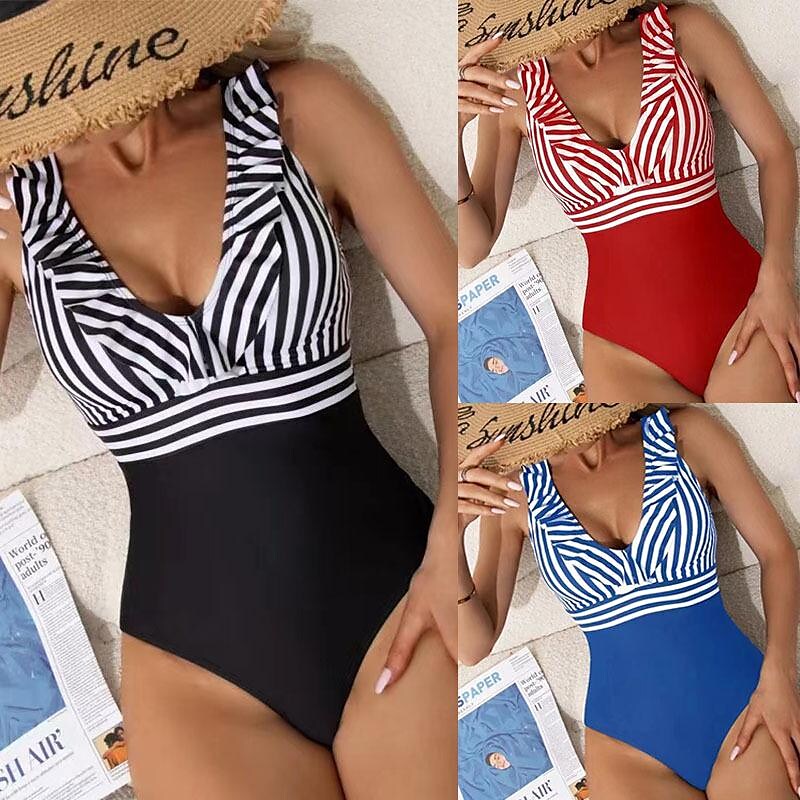 flowersverse Women's Swimwear One Piece Normal Swimsuit Printing Stripe Black Red Blue Bodysuit Bathing Suits Sports Summer