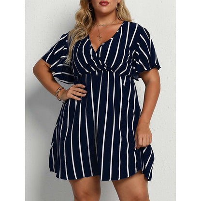 flowersverse Women's Plus Size Casual Dress A Line Dress Stripe Mini Dress Short Sleeve Print V Neck Fashion Outdoor ArmyGreen Black Spring Summer L XL XXL 3XL 4XL