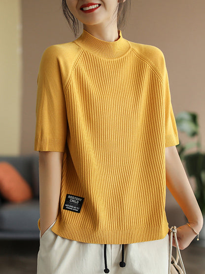 flowersverse Simple Long Sleeves Loose Solid Color High-Neck Sweater Tops