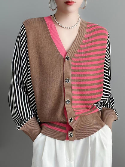 flowersverse Buttoned Contrast Color Split-Joint Striped Long Sleeves Loose V-Neck Knitwear Cardigan Tops