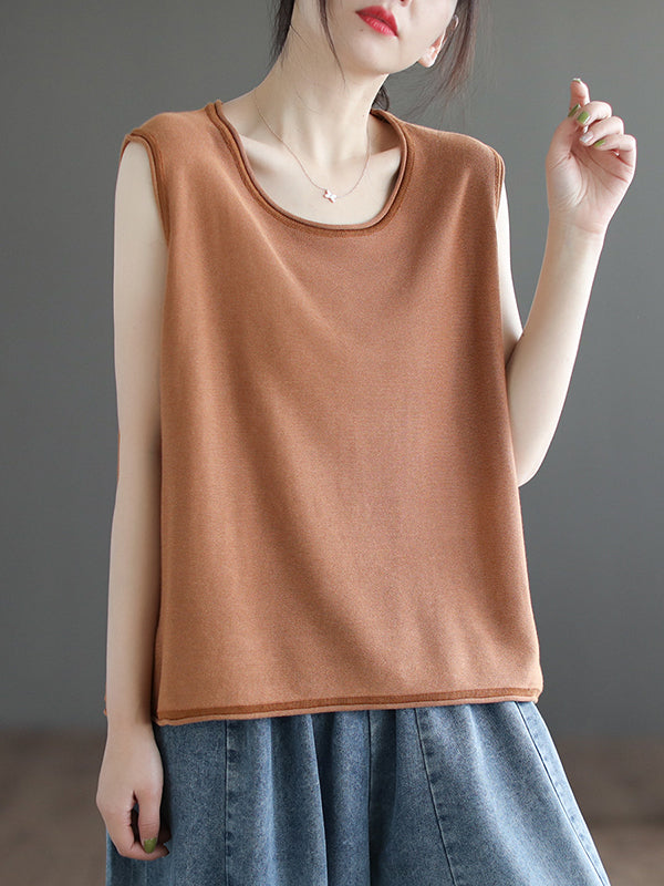 flowersverse Solid Color Loose Sleeveless Round-neck Knitting Vest Top