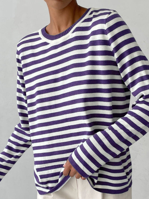 flowersverse Split-Joint Striped Long Sleeves Loose Round-Neck Sweater Tops