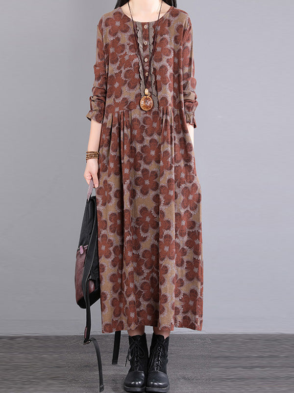 flowersverse Casual Long Sleeves Loose Floral Printed Round-Neck Midi Dresses