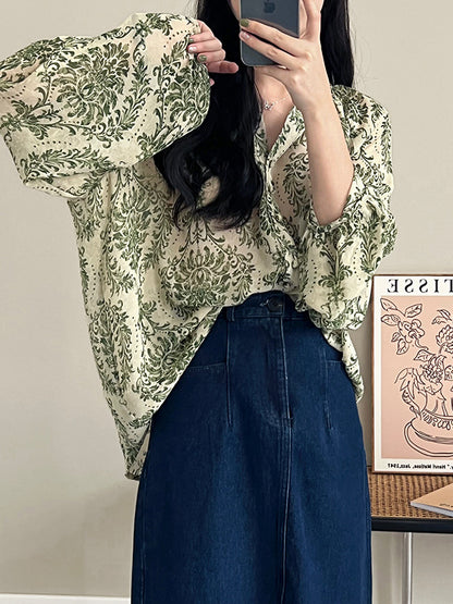 flowersverse Loose Printed Sun Protection Balloon Sleeves V-Neck Blouses