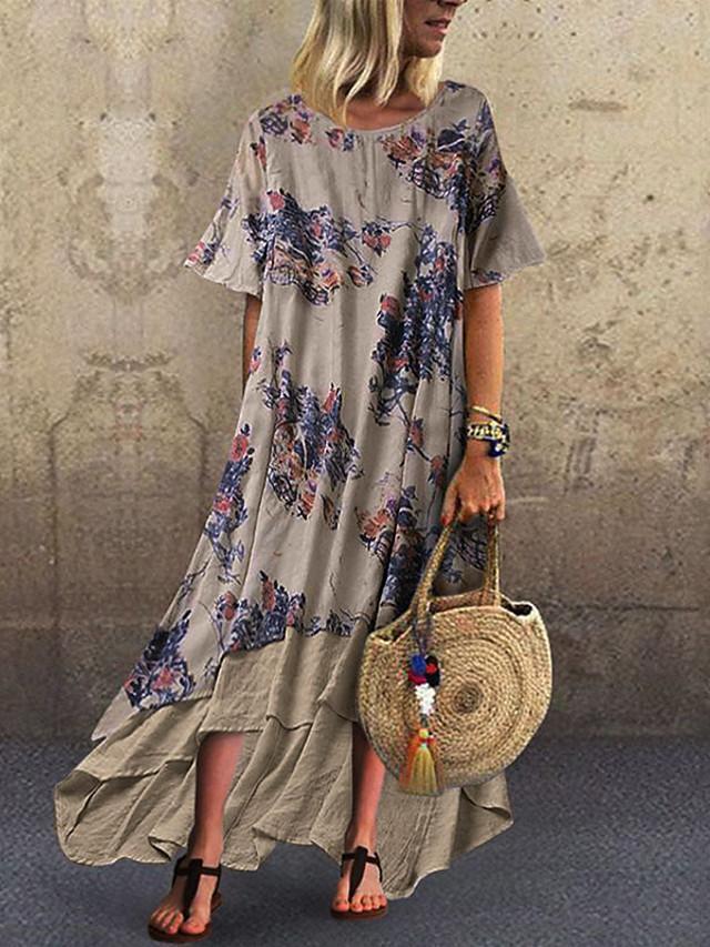 flowersverse Women's Chiffon Dress Maxi Long Dress - Short Sleeve Color Block Print Plus Size Cotton Loose Blue Green Gray M