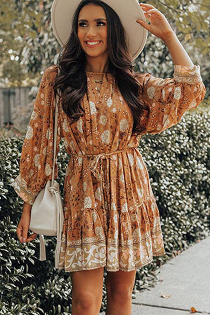 flowersverse Camel 3/4 Sleeve Tie-Waist Pleated Boho Floral Mini Dress