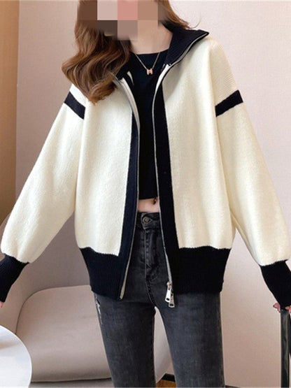 flowersverse Casual Long Sleeves Contrast Color Zipper Stand Collar Cardigan Tops