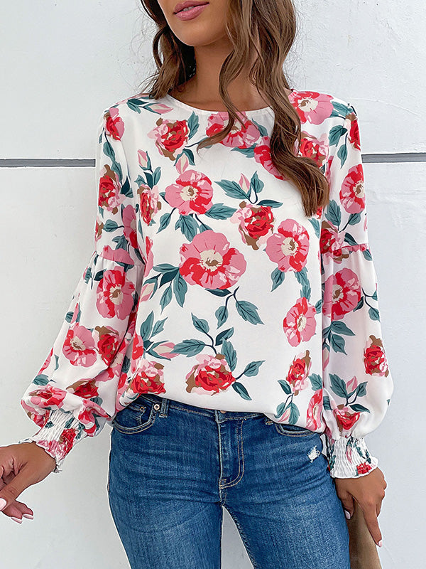 flowersverse Elasticity Flower Print Long Sleeves Loose Round-Neck Blouses&Shirts Tops