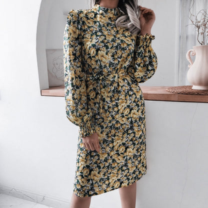 flowersverse Floral Stand Collar Lantern Long Sleeve Chiffon Dress