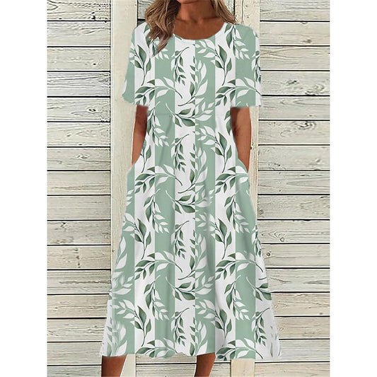 flowersverse Women's Casual Dress Shift Dress Print Dress Floral Pocket Print Crew Neck Midi Dress Active Fashion Outdoor Daily Short Sleeve Loose Fit Green Spring Summer S M L XL XXL