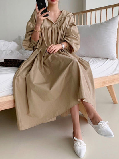 flowersverse Urban Solid Color Pleated Long Sleeves Hooded Midi Dress