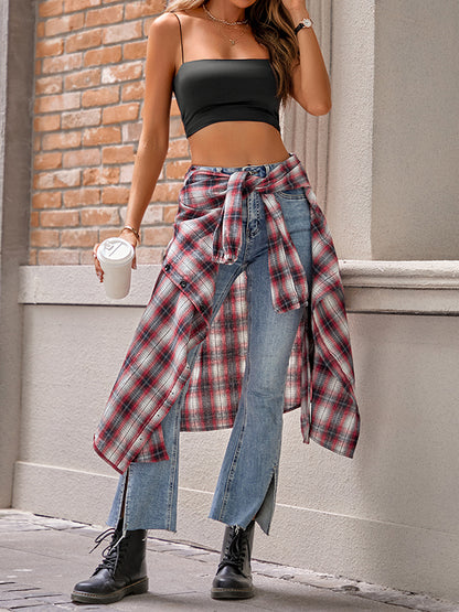 flowersverse Plaid Loose Wrap Lapel Blouses&shirts Tops