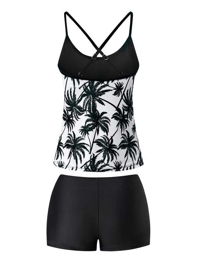 flowersverse Vacation Plants Printing Scoop Neck Tankinis Two-Piece Set