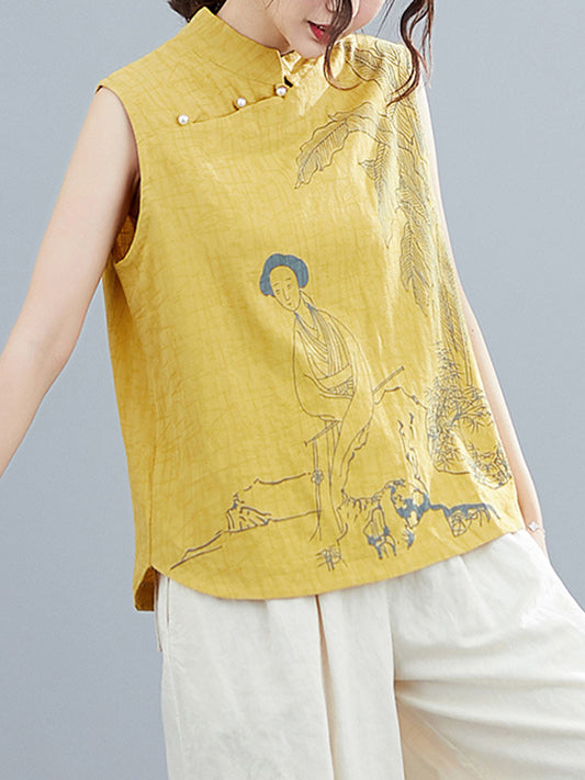 flowersverse Artistic Retro Chinese-Style Printed Buttoned Stand Collar Sleeveless Vest