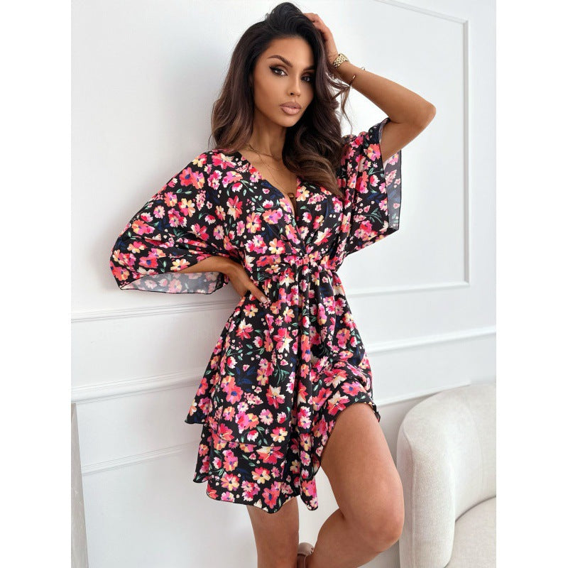 flowersverse Women's Floral Print Deep V Waist Trimming Dresses