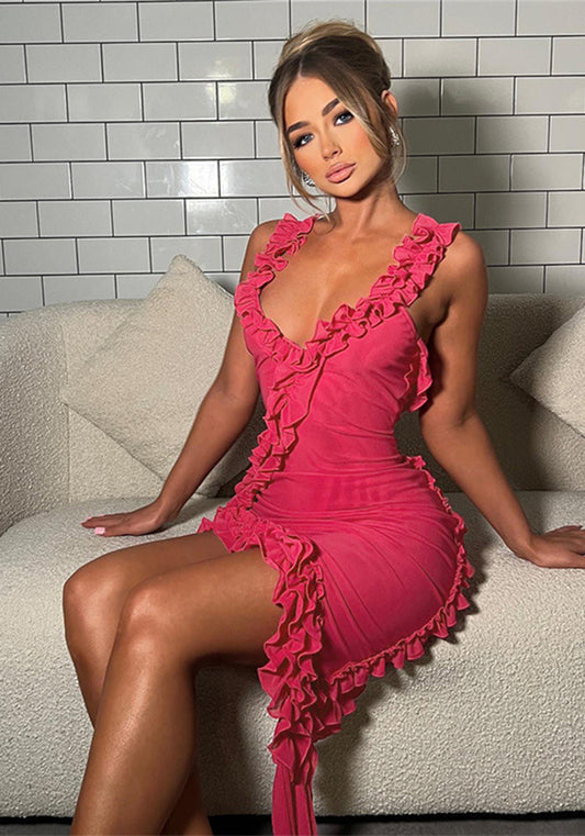 flowersverse Women's Fashion Lace Camisole Low Back Sexy Slim Irregular Bodycon Dress