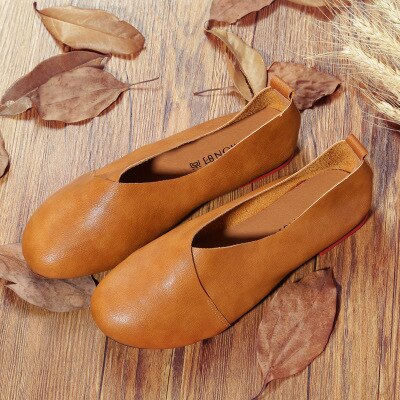 flowersverse Women Handmade Vintage Leather Flats Shoes Shallow Mouth Plus Size